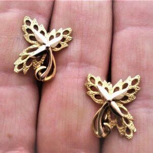 Vintage Original Russian Soviet USSR 18K 750 Yellow White Gold Leaf EARRINGS